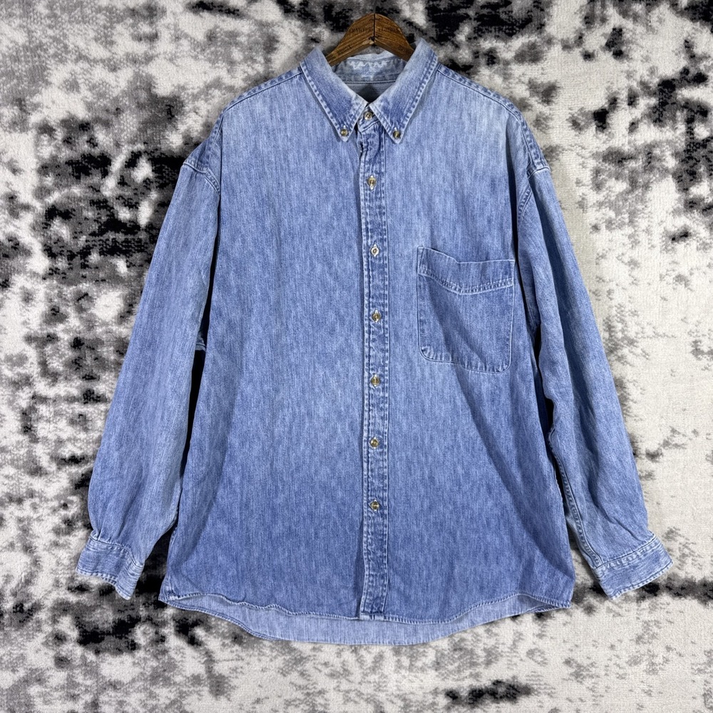 Eddie Bauer Denim Shirt Mens Size Large Blue Light Wash Vintage Button Up